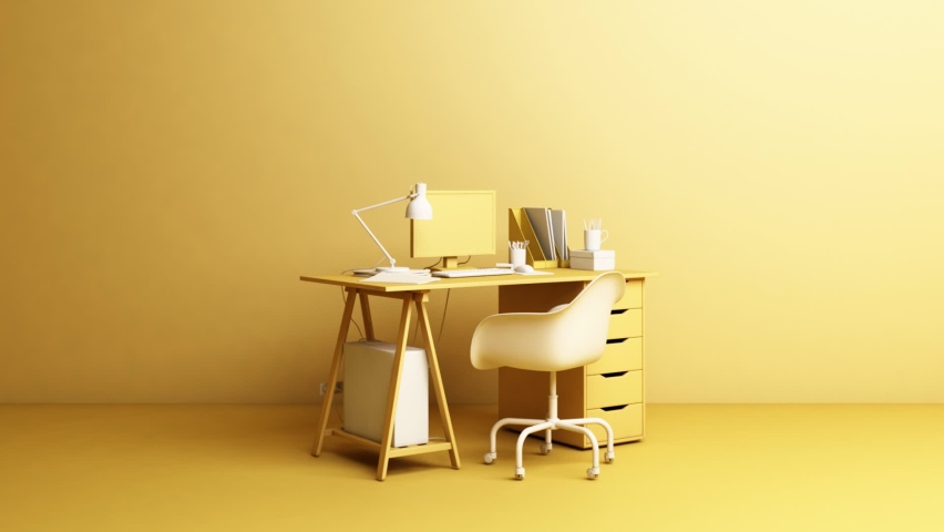 Yellow desk Equipped with working equipment Computers and documents Spin around itself On a yellow background looped animation Royalty-Free Stock Footage #1061944681
