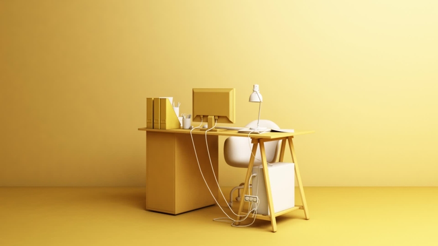 Yellow desk Equipped with working equipment Computers and documents Spin around itself On a yellow background looped animation | Shutterstock HD Video #1061944681