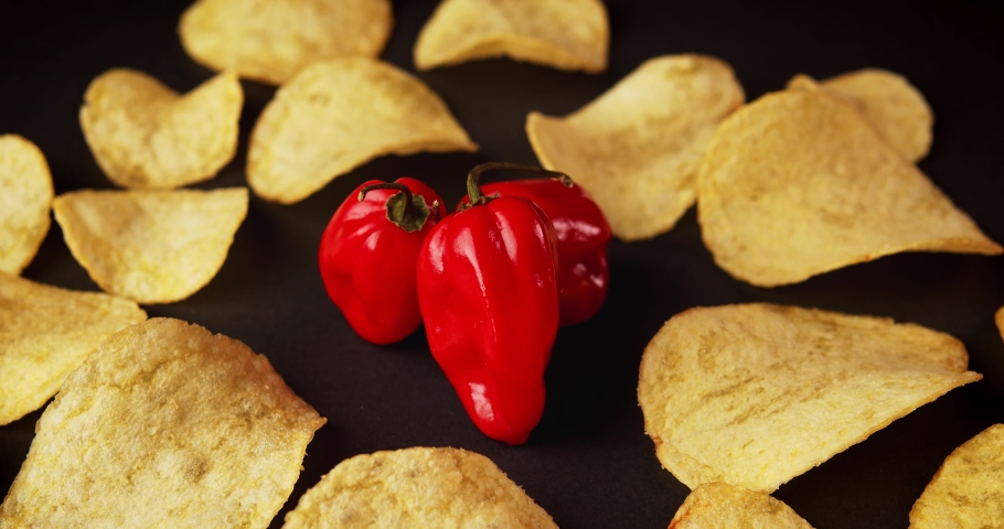 hot habanero pepper and potato chips on a black background