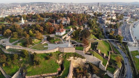 Aerial drone video of Kalemegdan fortress, one of the most visited landmarks of Belgrade, Serbia