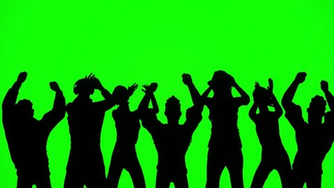 Crowd of people clapping and jumping at a concert. Silhouette of people cheering at a party. Group of fans at a concert on a green screen.
