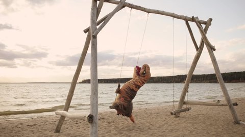 Amazing installation with prehistoric animal. Huge inflatable dinosaur with person inside is swinging on a swing on sea beach at sunset. Big toy doll of Tyrranosaurus Rex in beautiful nature place.