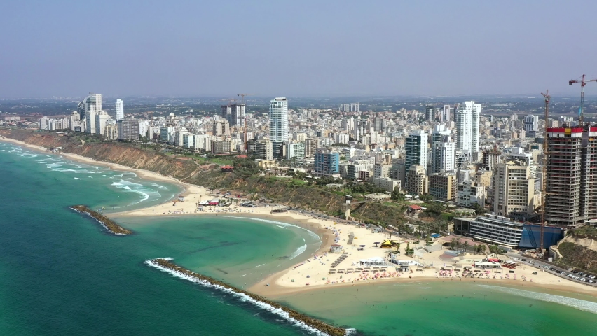 Aerial view of Netanya cliffside coastline, Israel.