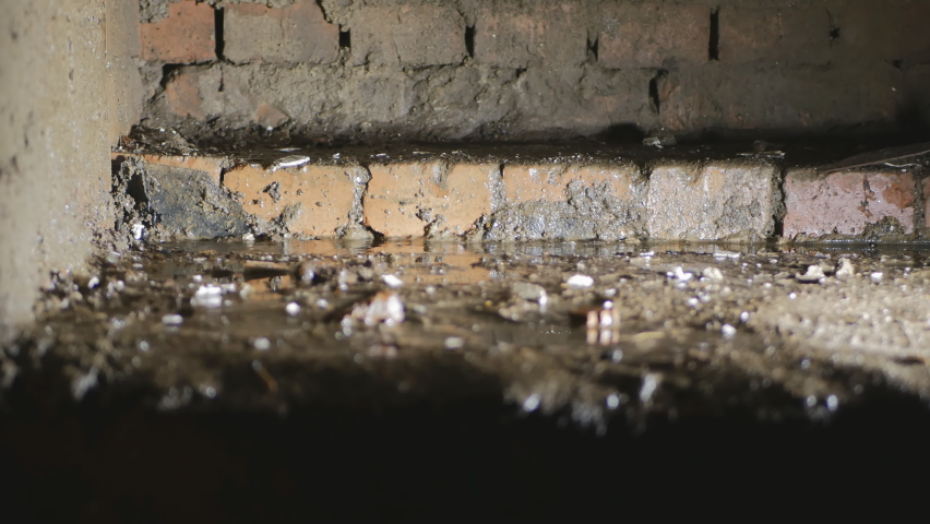 drops of water fall on the floor in the basement. Heavy rain leakage can flood the basement. Repair of waterproofing is required. 4k. Side light Royalty-Free Stock Footage #1061959792