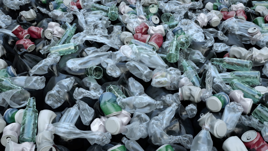 Garbage trash pile, plastic, metal cans and glass bottles scattered on ground with plastic waste bags. Loopable animation of garbage dump environment with junk scattered around. | Shutterstock HD Video #1061967493