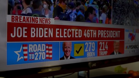 Alexandria, VA USA - Nov 7th, 2020: Close Up News Network Announcing Joe Biden Winning 2020 Election For President of the United States