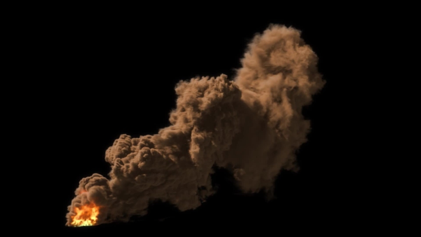 Smoke plume in disaster scene, heavy smoke in ruin scene, smoke column on black background with alpha