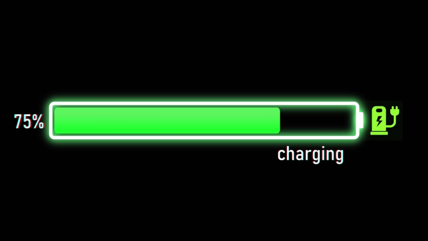 Electric Charging  Progress bar, electric vehicle or phone battery indicator showing an increasing battery charge. The battery indicator shows it fills up to 100%. Royalty-Free Stock Footage #1061975056