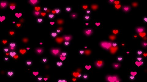 Flying hearts animation on black background. Falling and flying cute Multicolored glowing red pink purple hearts festive backdrop. Valentine's day, love concept design.