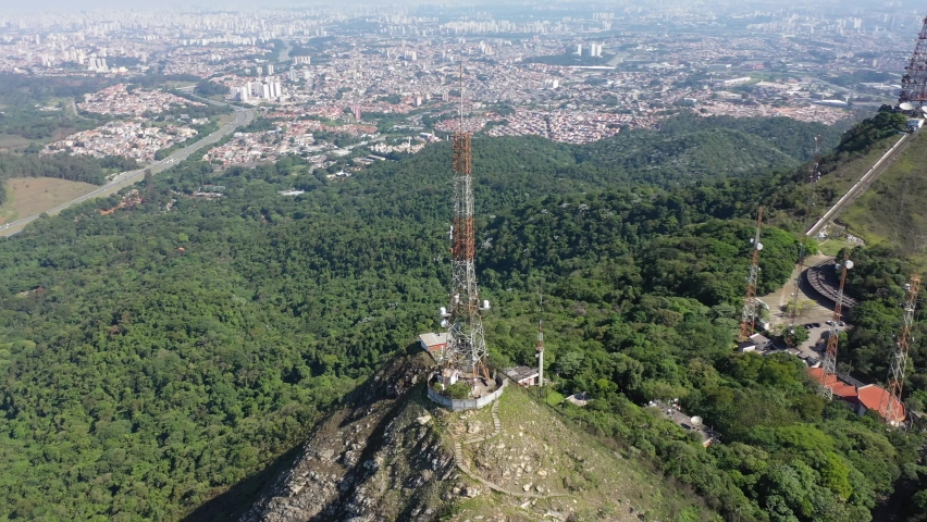 Aerial view of antennas on the mountain peak. Mountain peak landscape. Jaraguá Peak, Sao Paulo, Brazil. Pico do Jaraguá, Sao Paulo, Brazil. Jaraguá Ecologic Reserve Park. Public park destination.