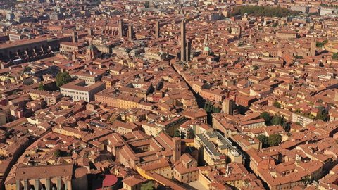 Bologna, Italy: Aerial view of historic center of city with iconic landmark Two Towers (Le due torri) - landscape panorama of Europe from above
