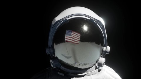 Astronaut walks on surface of the planet. Closeup view of space suit helmet. 3d render animation.