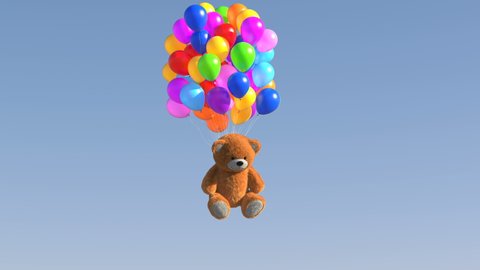 Birthday Balloons with Teddy Bear Flying on a Blue Background, Beautiful 3d Animation with an Luma Matte. Ultra HD 4K 3840x2160