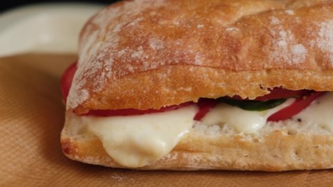 Toasted tomato mozzarella sandwich with melted cheese. Italian ciabatta sandwich