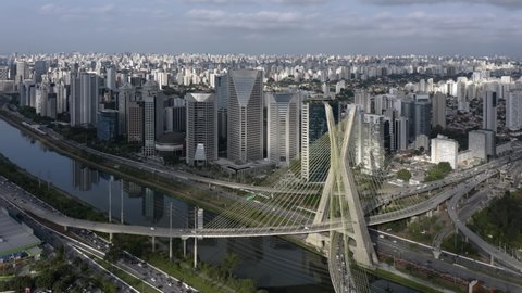 Aerial view of the cable-stayed bridge. Sao Paulo Brazil. Business center. Financial center. City landscape. Cable-stayed bridge of Sao Paulo. Downtown. City view. Aerial landscape, forward motion