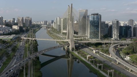 Aerial view of the cable-stayed bridge. São Paulo Brazil. Business center. Financial center. City landscape. Cable-stayed bridge of Sao Paulo. Downtown. City view. Aerial landscape, forward motion