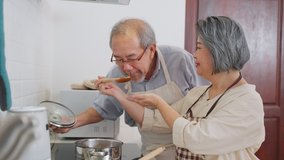 Couple senior Asian elder happy living in home kitchen. Grandfather cooking salad dish with grandmother with happiness and smile enjoy retirement life together. Older people relationship and activity. - Powered by Shutterstock - Get 15% off with code: PIKWIZARD15