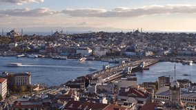 Istanbul panorama time lapse from Galata Tower at sunset. Clip includes Galata Bridge, old mosques, traffic of cars, boats and trams. Istanbul, Turkey