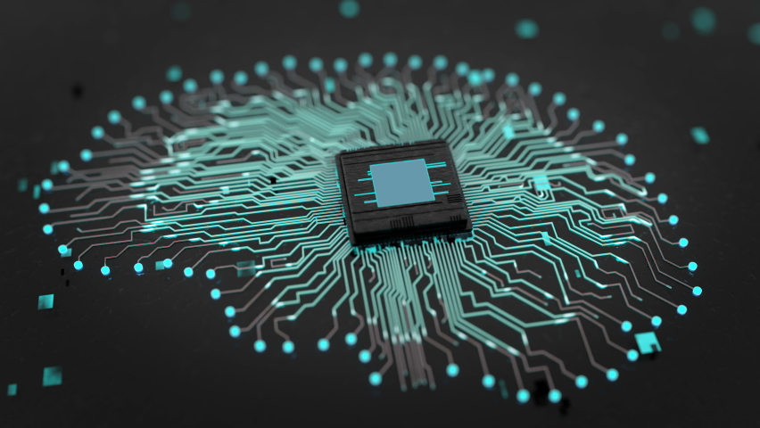 Artificial intelligence concept, electronic brain powered by processor. Integrated circuits come to life after an electric beam passes through them, an impulse. | Shutterstock HD Video #1061996857