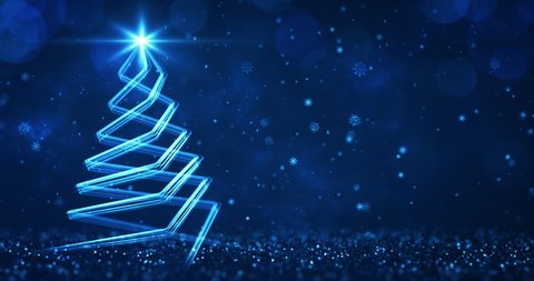 Abstract blue streaks shaped as christmas tree over the dark blue background. Christmas greetings 4k video background as seamless loop.