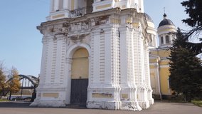 Cinematic slow motion video of Neoclassical Savior-Transfiguration Cathedral in historical center of ancient touristic town Rybinsk in Yaroslavl oblast in Russian Federation