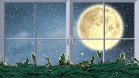 Digital animation of fairy lights and window frame against snow falling over black silhouette of santa claus in sleigh being pulled by reindeer against moon in night sky. christmas  - Powered by Shutterstock - Get 15% off with code: PIKWIZARD15