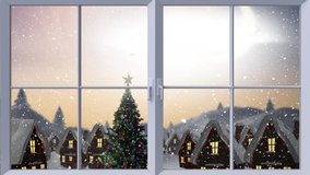 Digital animation of wooden window frame against snow falling on christmas tree and multiple house and black silhouette of santa claus in sleigh being pulled by reindeer against sky. christmas  - Powered by Shutterstock - Get 15% off with code: PIKWIZARD15