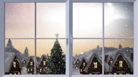 Digital animation of wooden window frame against snow falling on christmas tree and multiple house and black silhouette of santa claus in sleigh being pulled by reindeer against sky. christmas 
