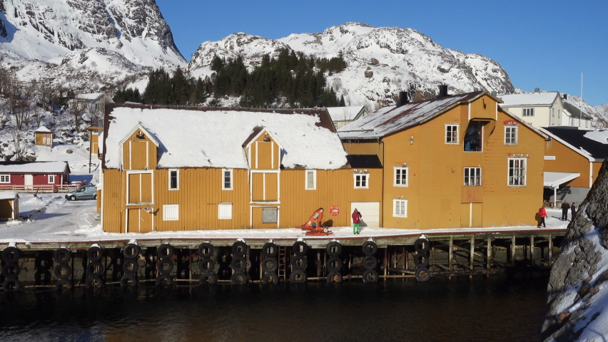 famous traditional multicolored wooden fishing houses rorbu on a sea shore at Lofoten archipelago, nothern Norway
