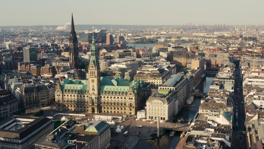 Aerial view of Hamburg. It is a major port city in northern Germany Royalty-Free Stock Footage #1062007651