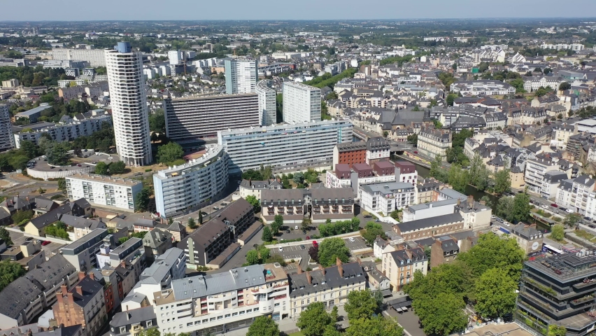 Panoramic view of Rennes city with modern apartment buildings , administrative center of Brittany region, France. High quality 4k footage