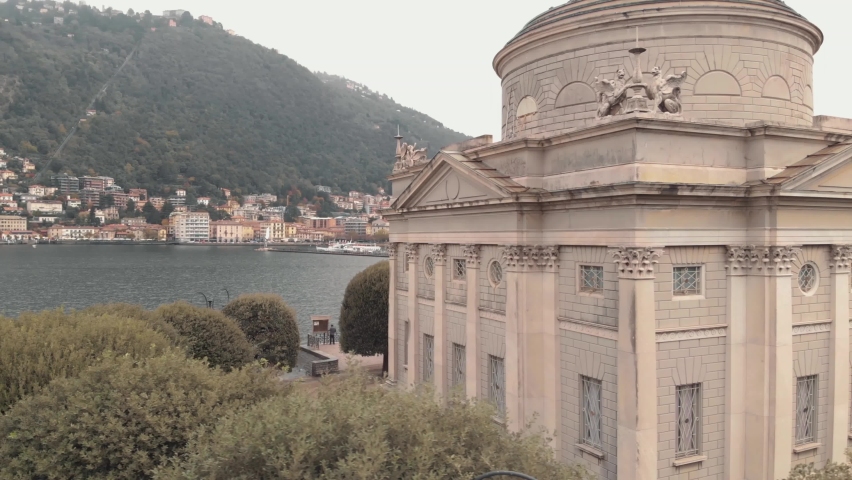 Close up view of The Tempio Voltiano, Volta Temple, on the promenade near Lake Como, Italy
