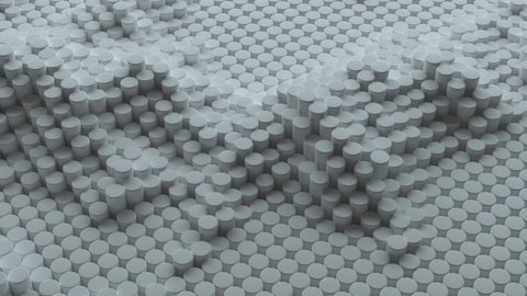 Abstract white gray background with cylinders. Ceramic round tiles. Geometry pattern. Random cells. Polygonal glossy surface. Futuristic abstraction. Seamless loop 3d animation of 4K