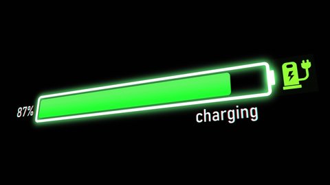 Electric Car Charging Progress bar, electric vehicle battery indicator showing an increasing battery charge. The battery indicator shows it fills up to 100%.