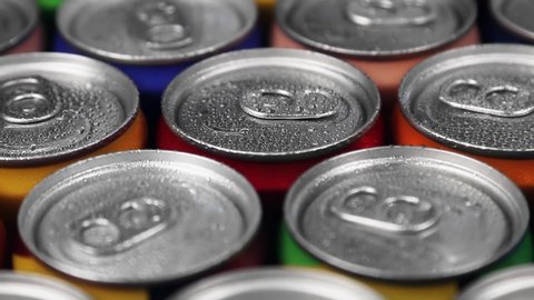 aluminum cans with carbonated water, energy drinks or beer. Rotation video