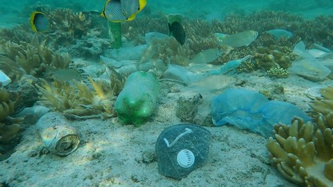 Close-up of used reusable face mask with plastic and other trash lies on on coral reef. Coronavirus COVID-19 is contributing to pollution, as discarded face mask clutter seas along with plastic trash