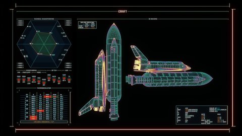 Multicolored Mission Control Center screen, displaying the status of the space shuttle modules. Futuristic space constructor interface with HUD info-graphic elements. Technology concept.
