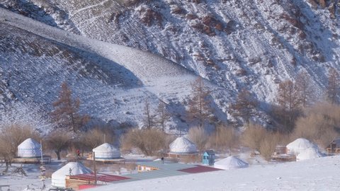 Video of yurt camping on Altai river Tydtuyaryk in winter season. Siberia, Russia