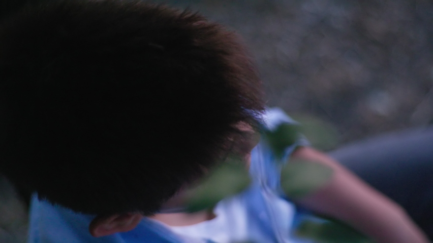handsome male child sits in tree and looks up to sky and sunset in late evening while walking outdoors, dream and childhood concept