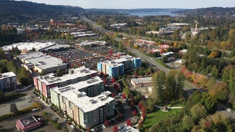 Aerial / drone perspective of Issaquah, Olde Town, Newport, the I-90 highway, commercial area, Lake Sammamish and surrounding suburbs in King County, Washington
