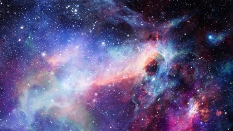 Colorful tiny bright star-studded nebula clouds move in the dark universe. Video Stok