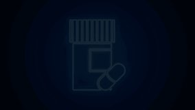 Glowing neon line Medicine bottle and pills icon isolated on black background. Bottle pill sign. Pharmacy design. 4K Video motion graphic animation.