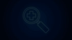 Glowing neon line Magnifying glass for search medical icon isolated on black background. Hospital search. 4K Video motion graphic animation.