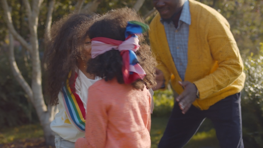 Happy african father playing hide and seek with cute little daughters in park. Pretty blindfold toddler girl playing blind man buff with dad and sister outdoors. Royalty-Free Stock Footage #1062029626