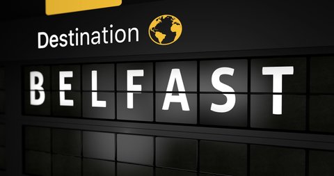 3D generated animation, analog flight information display board with the arrival city of Belfast, 4 different animations