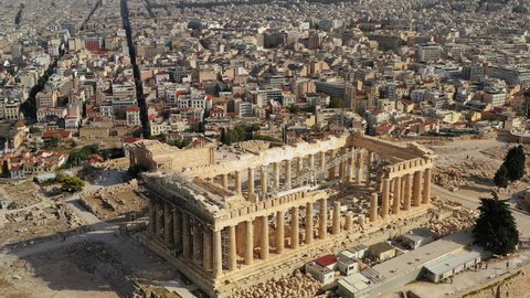 Athens, Greece: Aerial view of temple Parthenon on Acropolis in ancient city center - landscape panorama of Europe from above
