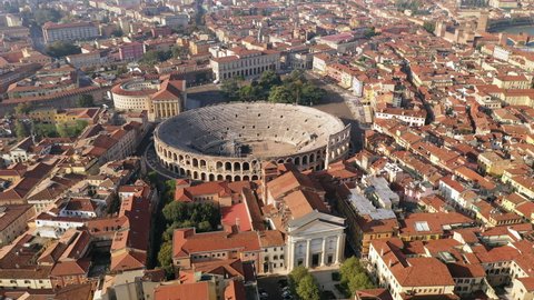 Aerial view of Verona Arena in Verona, well-preserved Roman amphitheater in historic center of city - landscape panorama of Italy from above, Europe