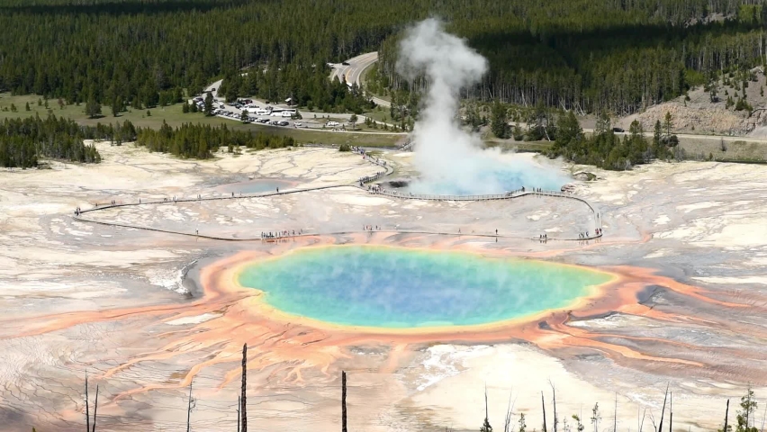 Vapor raising from Grand Prismatic Spring from overlook above. Yellowstone National Park, Wyoming, USA