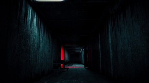 Dolly shot down creepy dark hallway, abandoned psychiatric ward, hospital