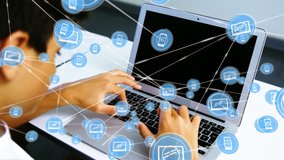 Animation of network of connections with icons over school children students using electronic devices at school. Global social media learning education concept digitally generated image. - Powered by Shutterstock - Get 15% off with code: PIKWIZARD15